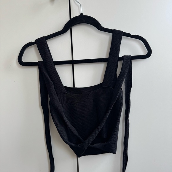 Urban Outfitters Black Ribbed Tie-Back Square Crop Top - Picture 2 of 4